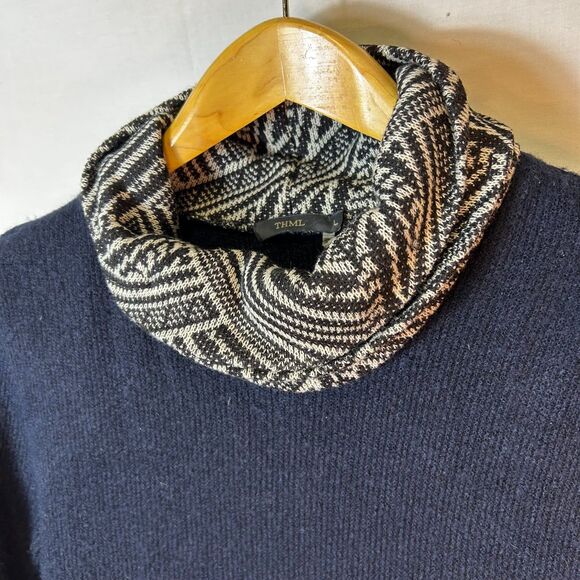 THML Navy Blue Sweater Knit LS Short Dress With Geometric Cowl Neck Size L - Picture 4 of 13